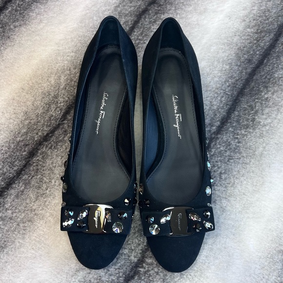 Ferragamo Vara Bow Metallic Embossed Low Pumps